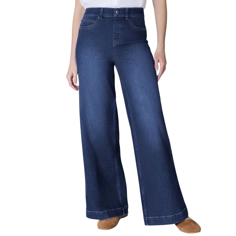 Spanx‎ EveryWear Wide Leg Jeans Dark Indigo High Waisted Pull On Denim 21650R  S